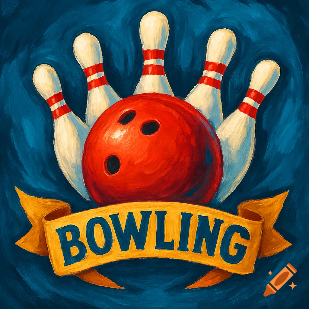 A red bowling ball and pins with a banner saying BOWLING in a painterly style.
