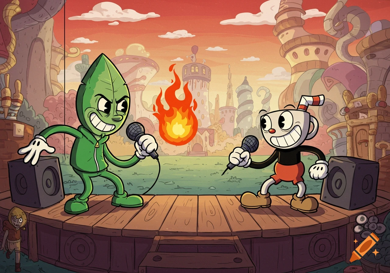 Two rubberhose cartoon characters, one like Cuphead and one green leaf, have a rap battle on a stage.