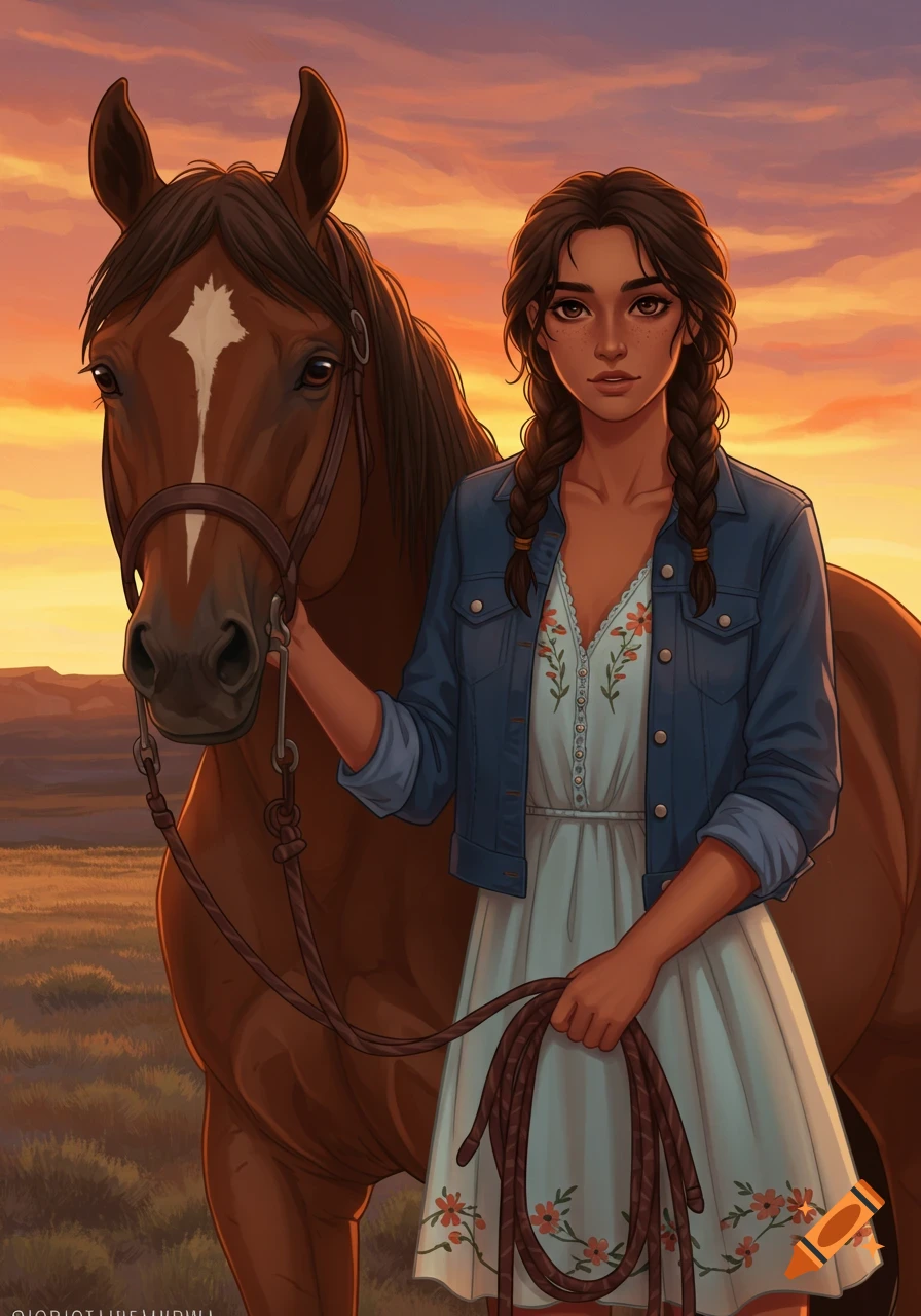 Illustration of a cowgirl and her horse at sunset.
