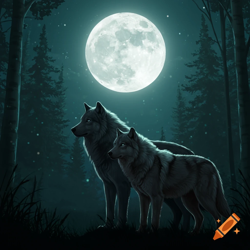 Two wolves stand in a dark forest under a bright full moon.