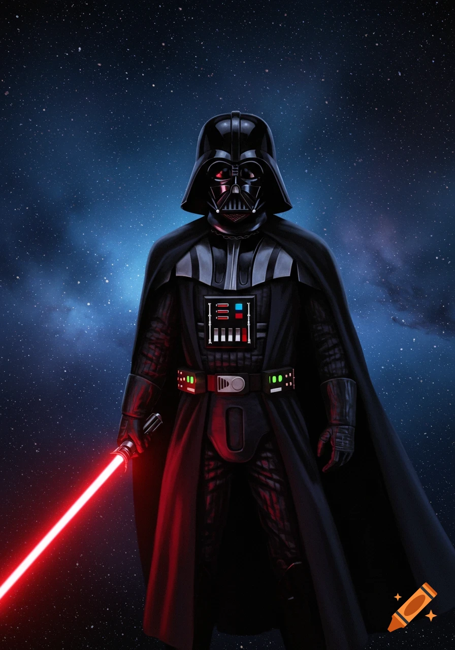An illustration of Darth Vader standing in space holding a red lightsaber.