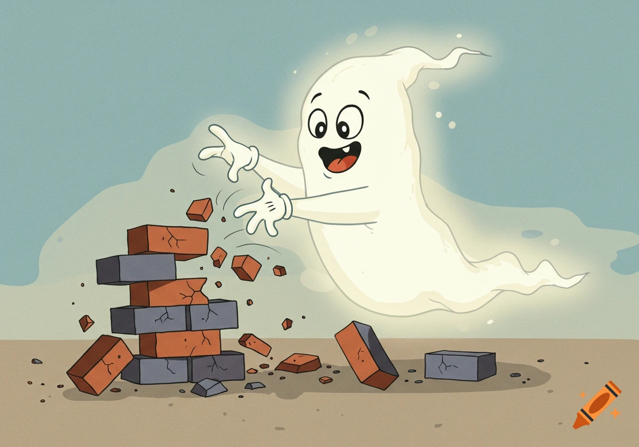 A cartoon ghost happily breaks a stack of bricks