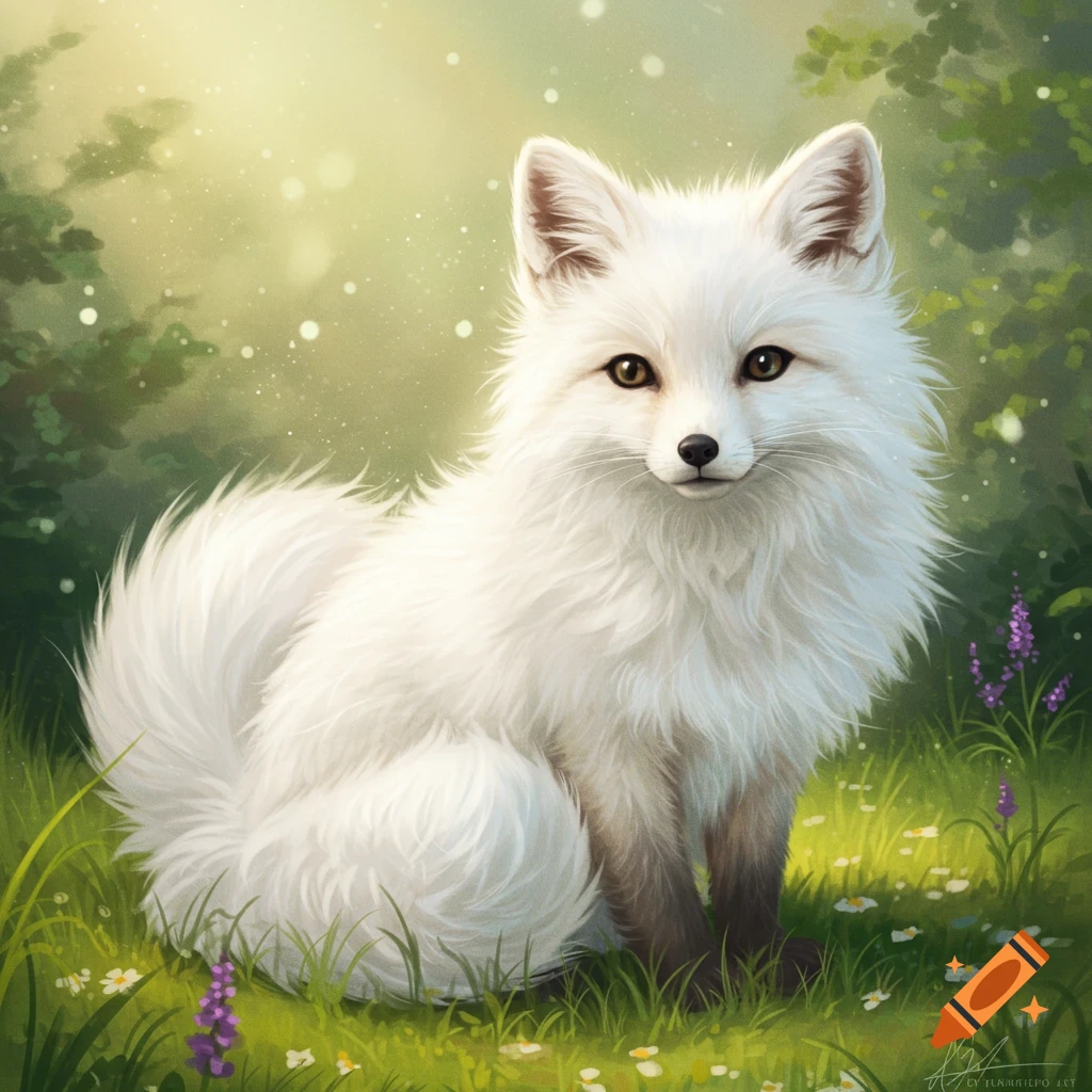 A fluffy white fox sits in a grassy field with wildflowers