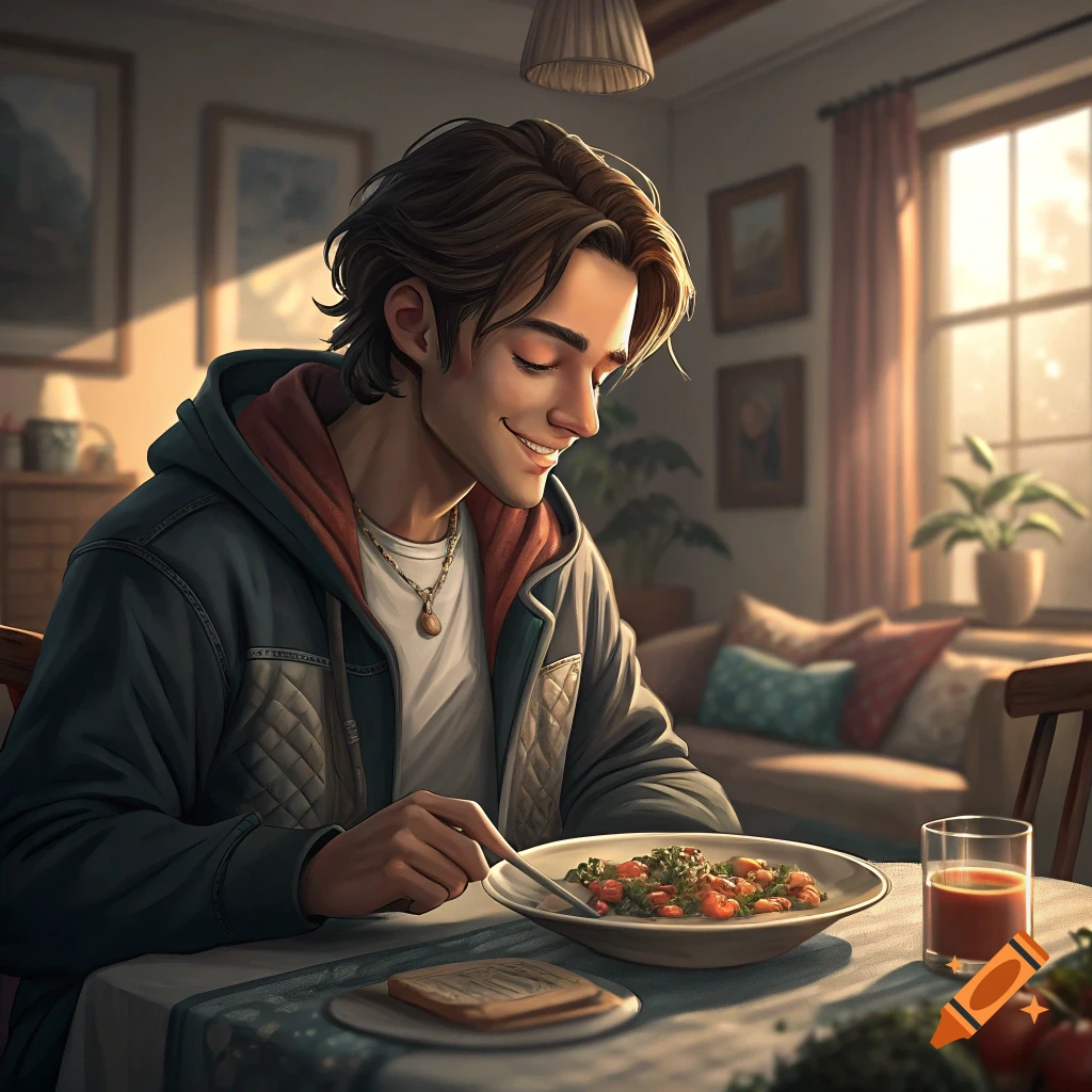 Stylized illustration of a young man eating a salad at a table in a room.