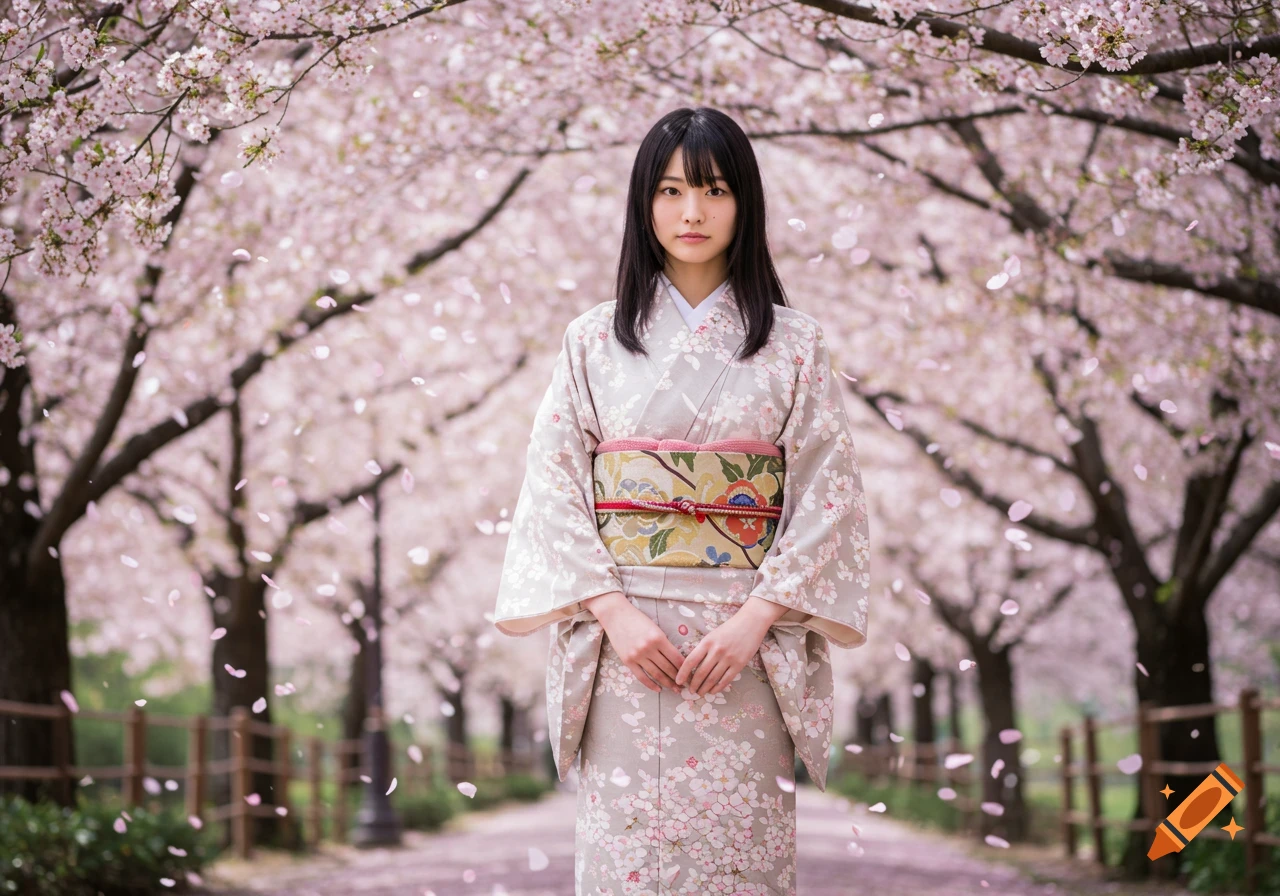 A Japanese woman in a floral kimono stands under falling cherry blossom petals