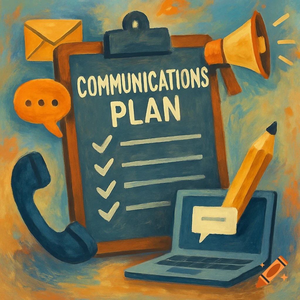 A painterly illustration of a communications plan on a clipboard with phone, megaphone, laptop, envelope, and chat bubble icons.