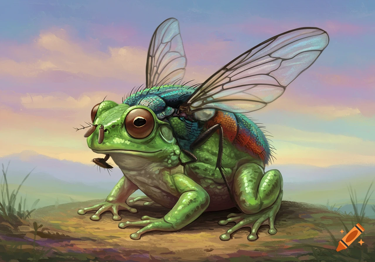 A green frog with a fly body and wings on its back sits on the ground.
