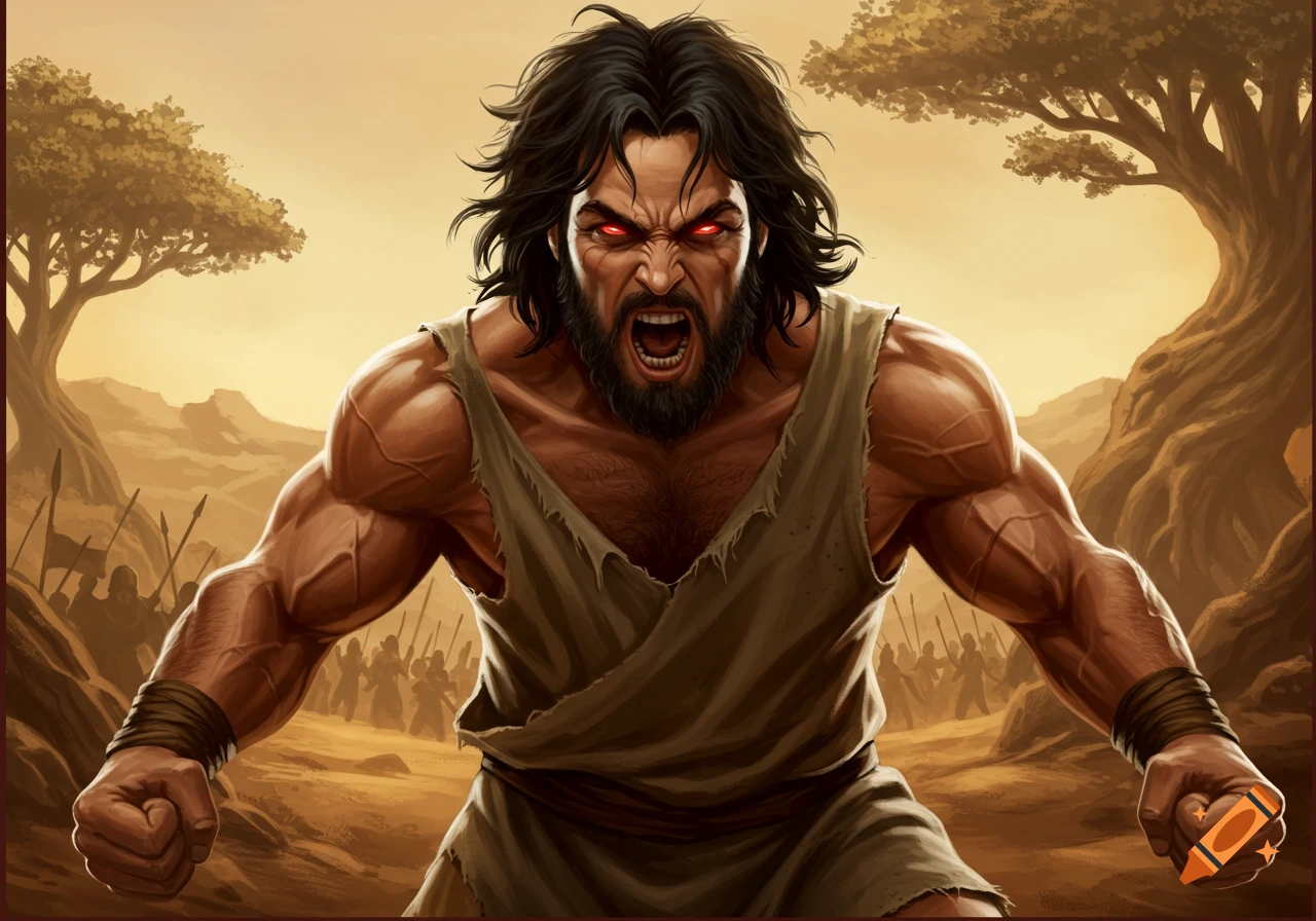 Muscular man with red eyes yelling, set against a desert landscape with silhouetted figures in the background. Digital painting.