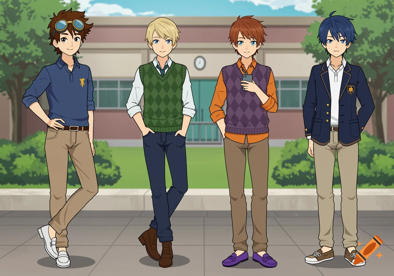 Four anime-style boys in school uniforms stand outside a school building.