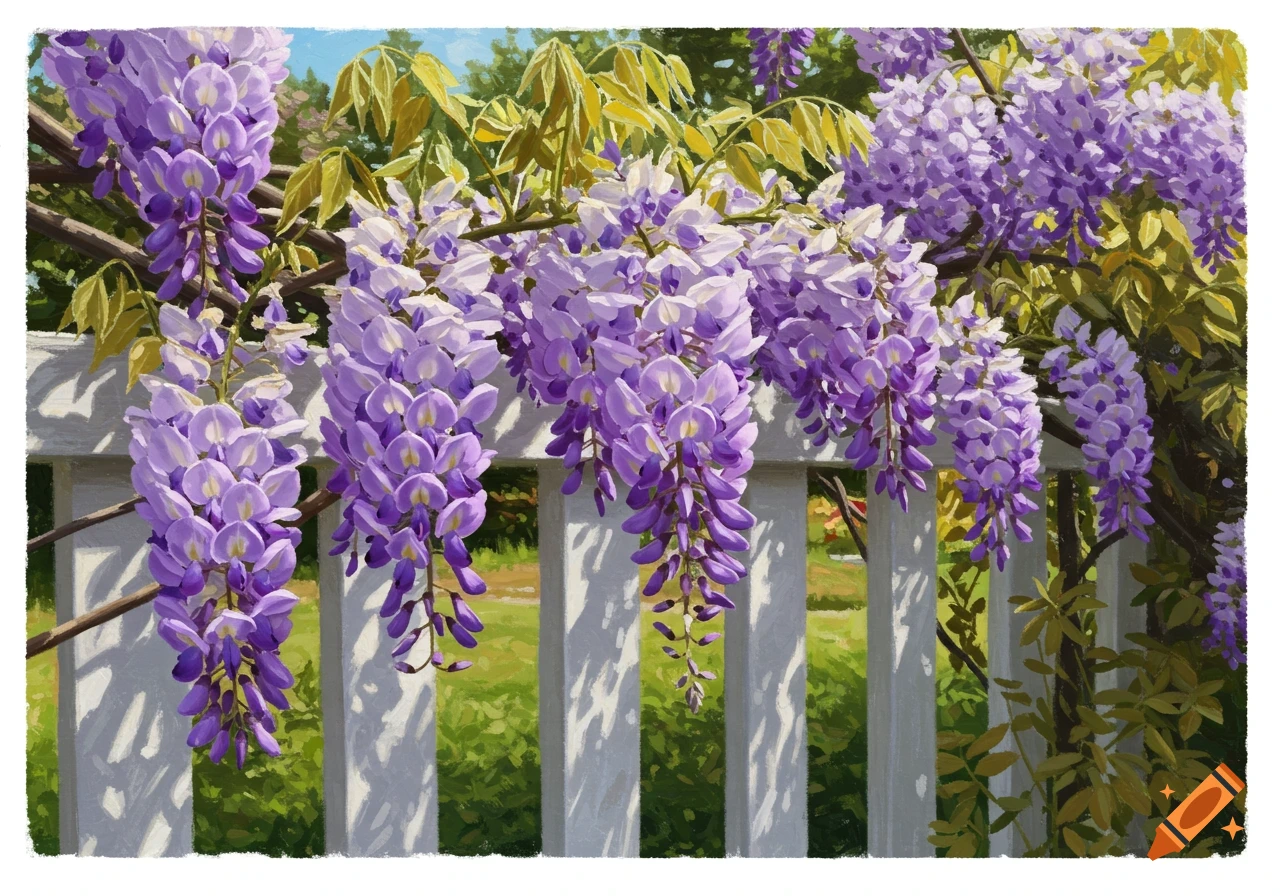 Painterly rendering of purple wisteria flowers hanging over a white picket fence in a garden.