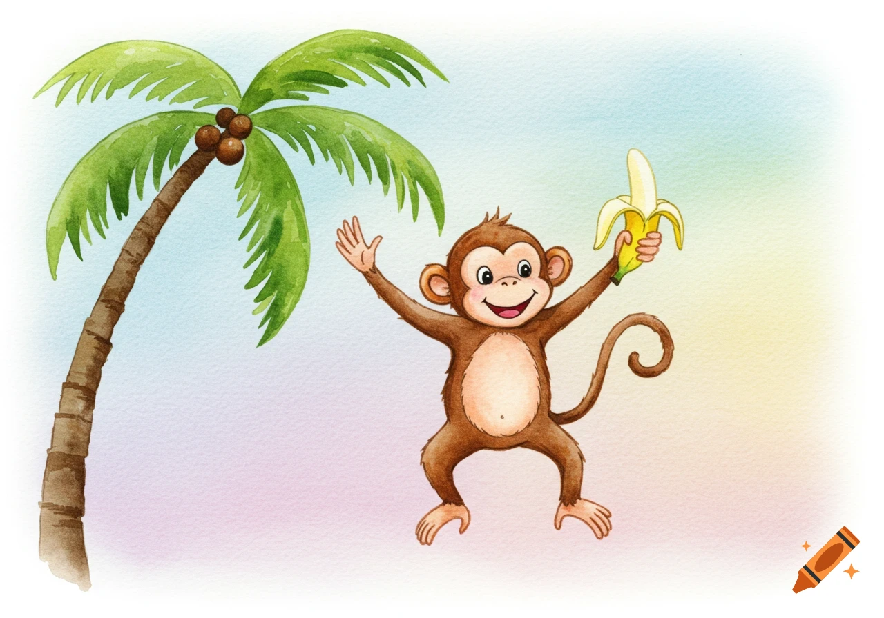 A cartoon monkey holding a banana stands beside a palm tree in a watercolor illustration.