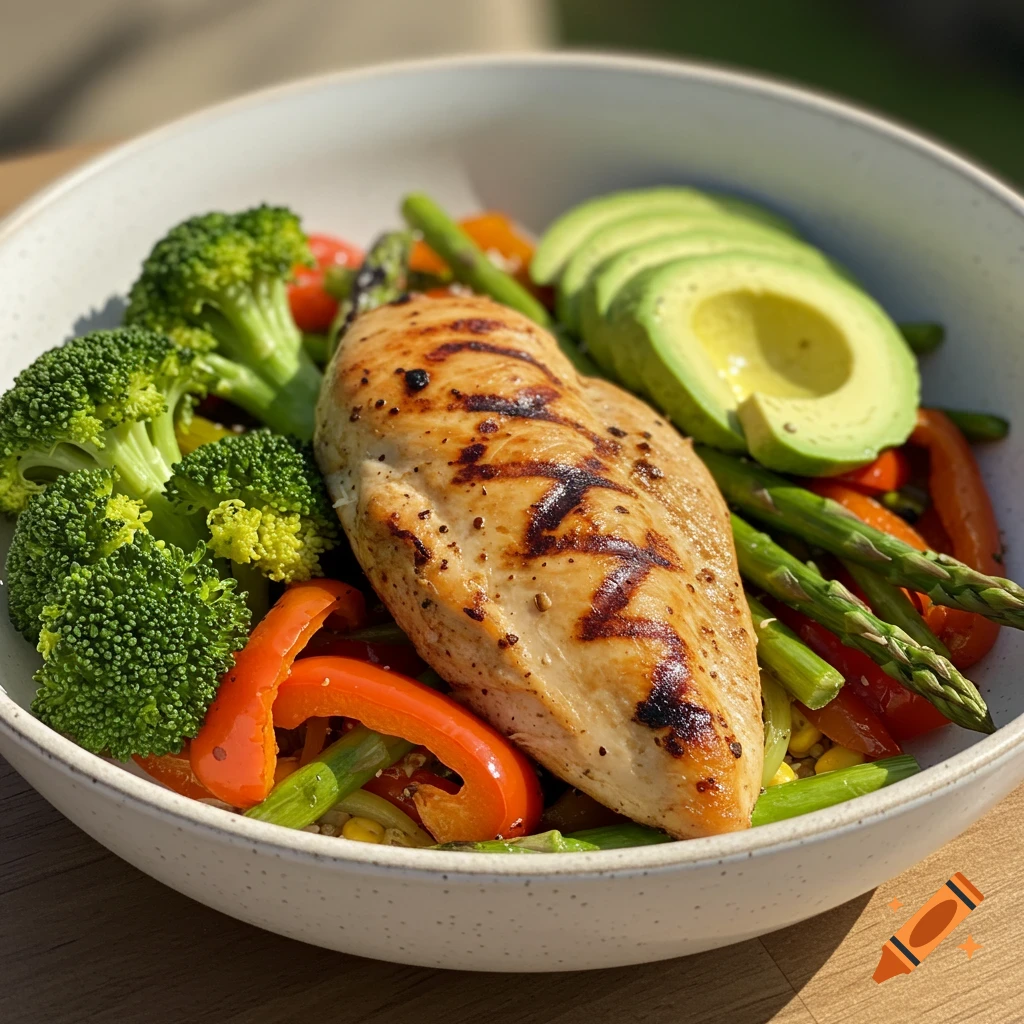 Grilled chicken breast and assorted vegetables in a bowl with sliced avocado.
