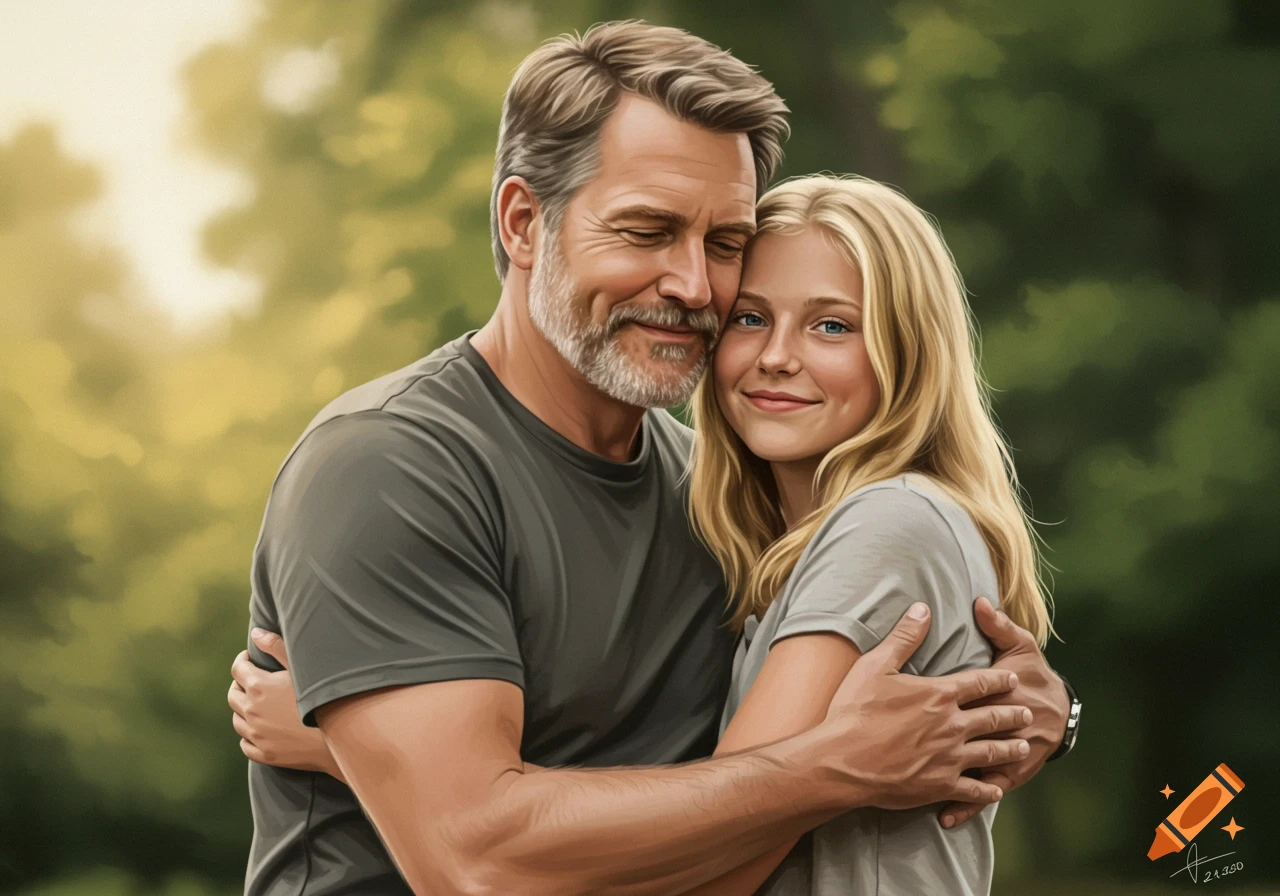 A father and daughter hug outdoors.