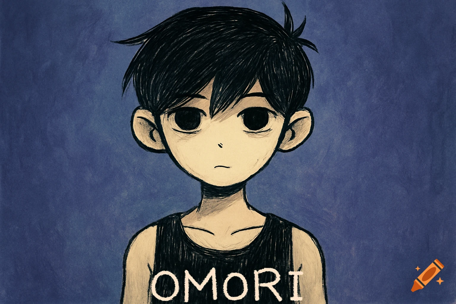 Stylized portrait of the character Omori with black hair and tank top.