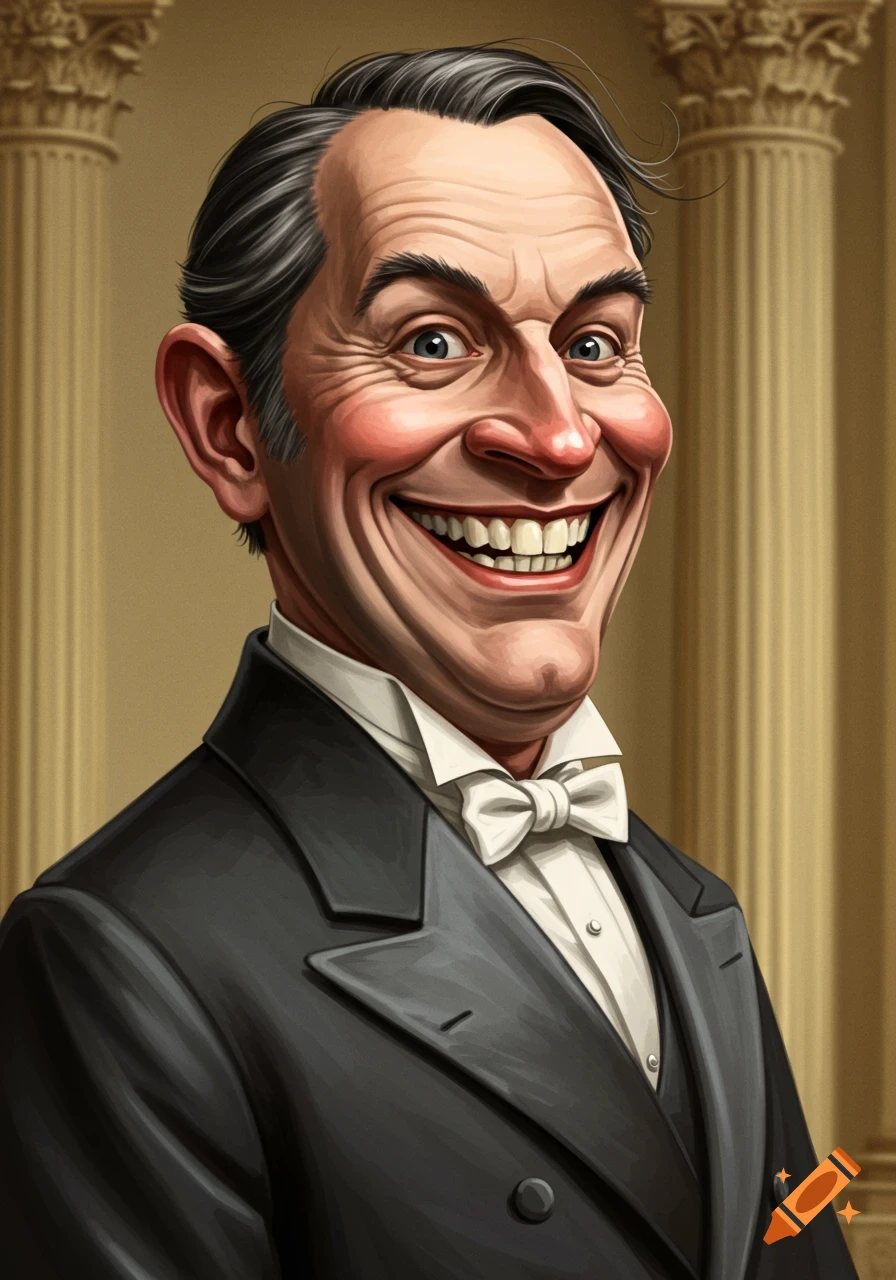 A caricature portrait of an old man with an exaggerated smile, wearing a tuxedo, in front of columns.