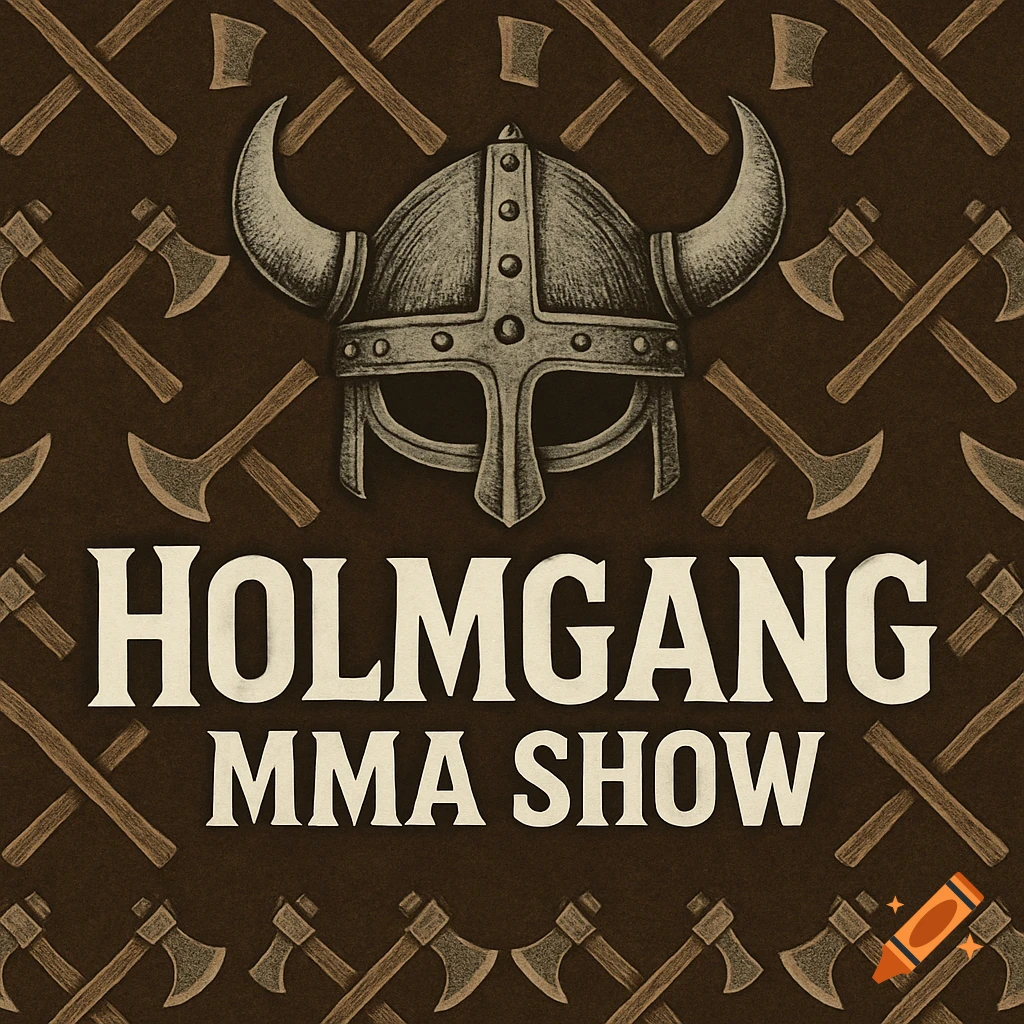 A stylized image with a Viking helmet above the text "HOLMGANG MMA SHOW" on a background pattern of crossed axes.