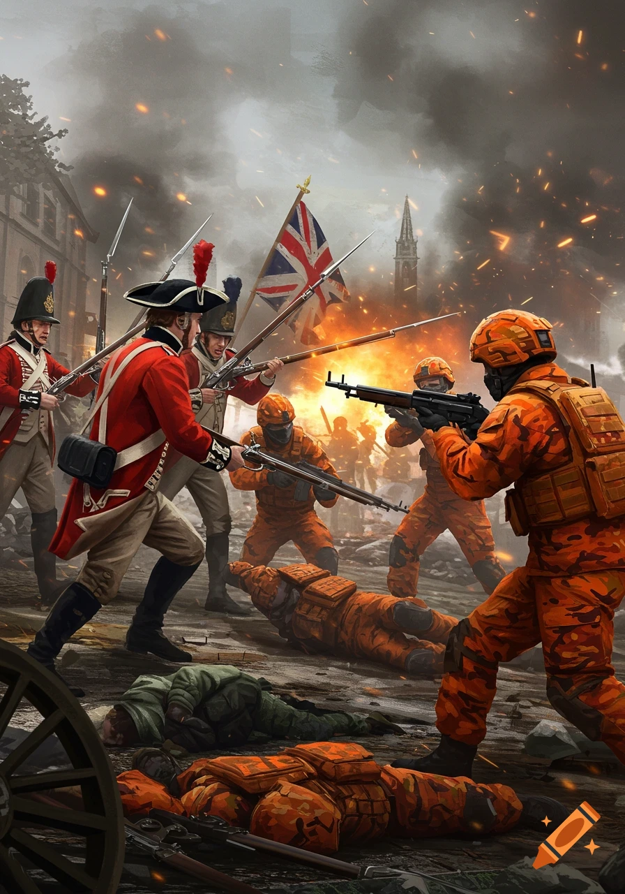 Redcoats battle soldiers in orange modern combat gear amidst smoke and fire.
