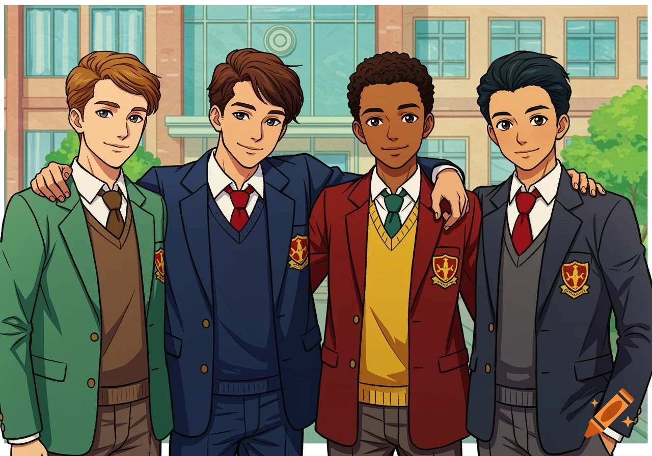 Four diverse teenage boys in school uniforms stand together, smiling in front of a school, in an anime/pop art style.
