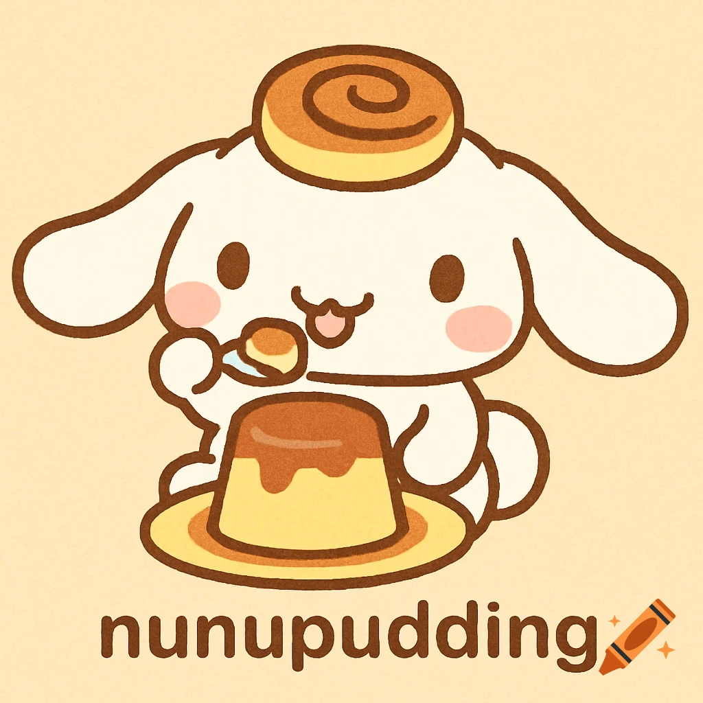 A cute white cartoon character with a pastry on its head eats pudding.