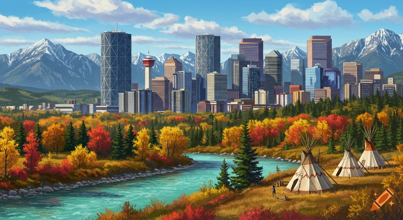 Digital painting of the Calgary skyline with mountains, autumn trees, a river, and teepees.