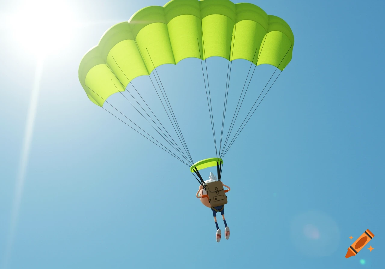 Stylized character with a backpack parachutes under a lime green canopy in a bright blue sky with the sun.
