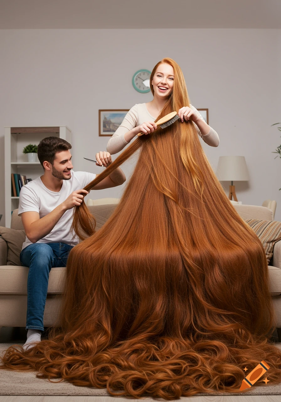 Man and woman with extremely long red hair in a living room, the woman brushing it