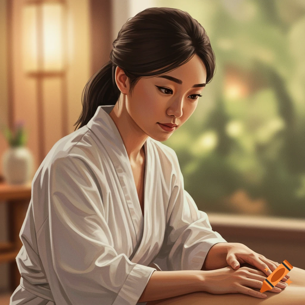 A woman in a white robe giving a massage, looking down.