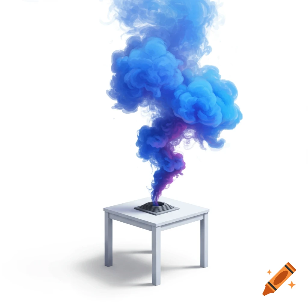 Blue and purple smoke rising from a vent on a small white table.