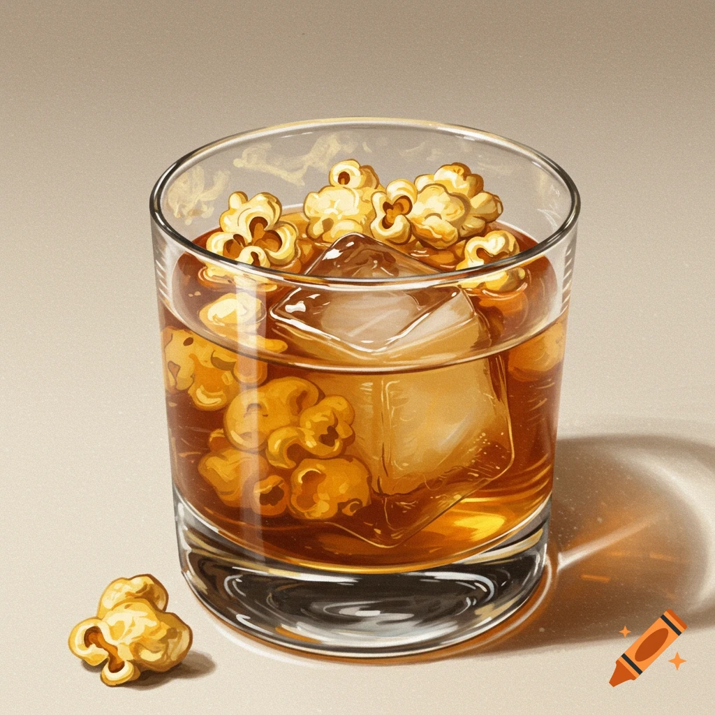 An illustration of an old fashioned cocktail in a glass with a large ice cube and popcorn floating on top, with one piece of popcorn outside the glass.