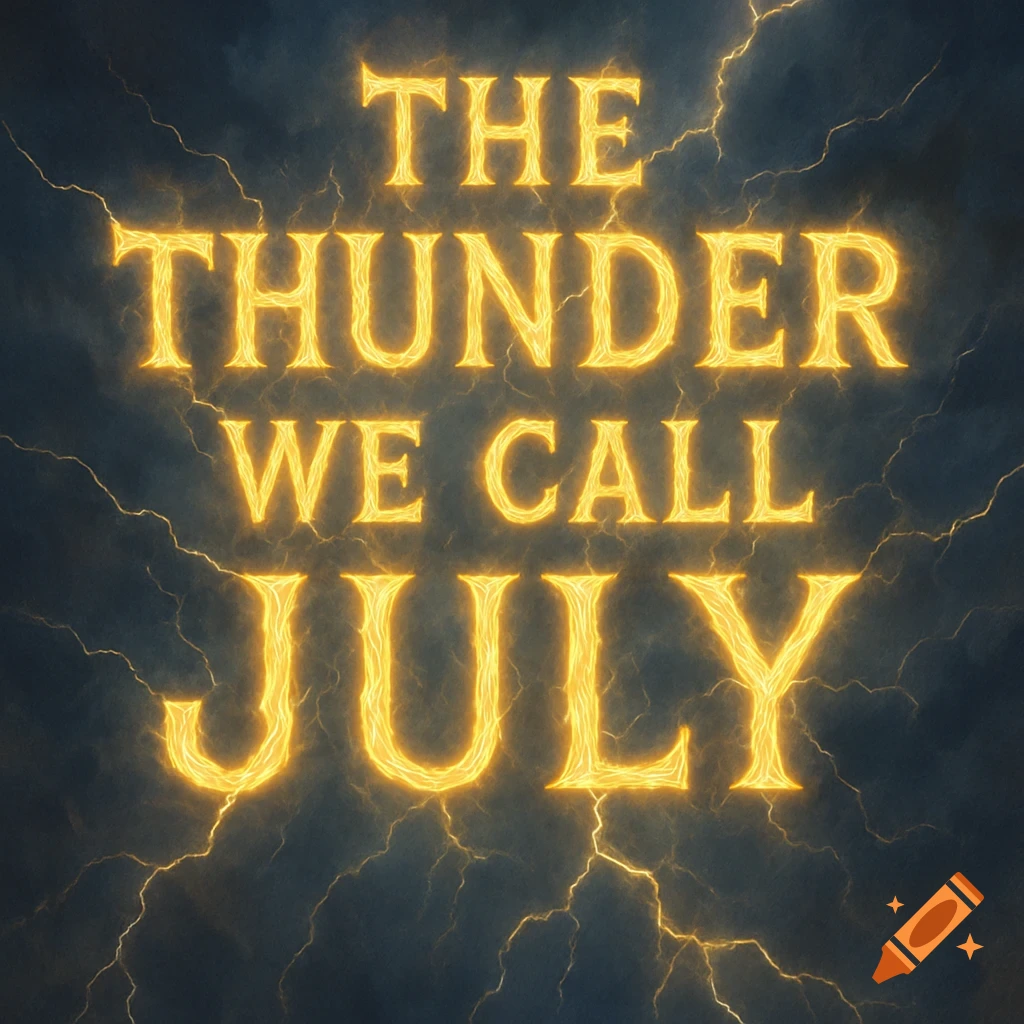The text 'The Thunder We Call July' rendered with a glowing lightning effect against a stormy sky.
