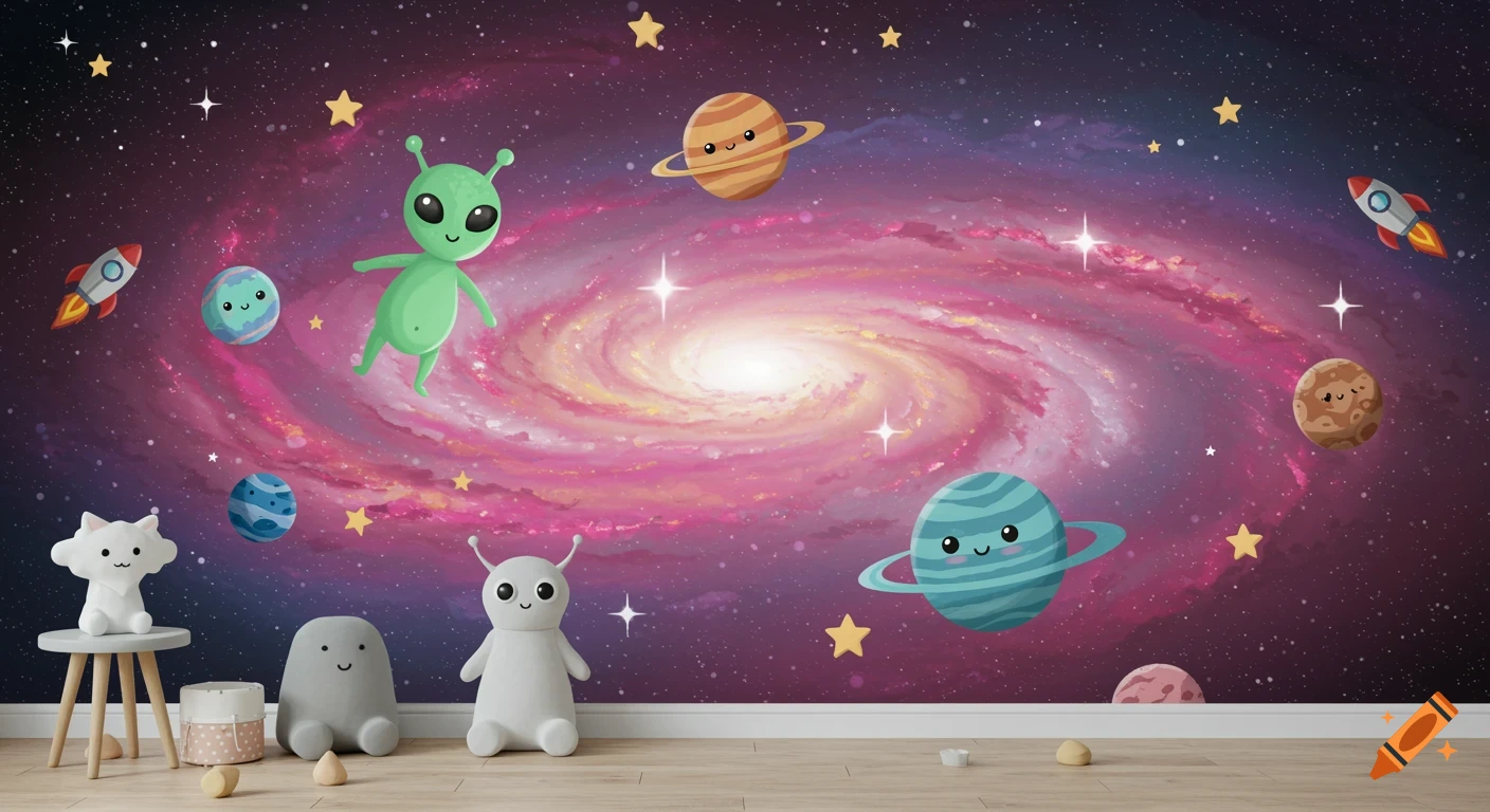 Cartoon aliens, planets, and rockets float in a pink and purple galaxy space scene with plush toys below.