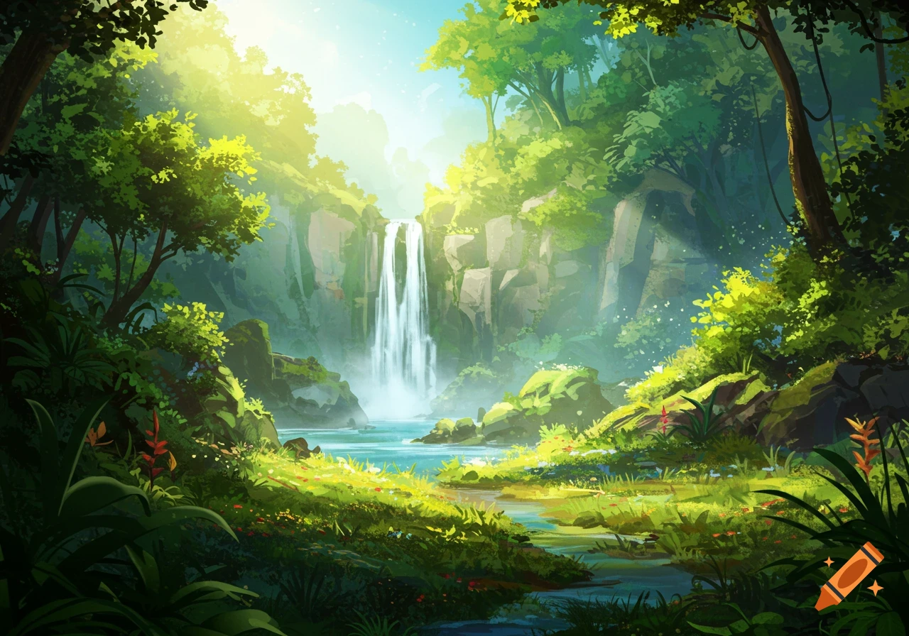 Digital painting of a lush jungle landscape with a waterfall, stream, and sunbeams filtering through the trees.