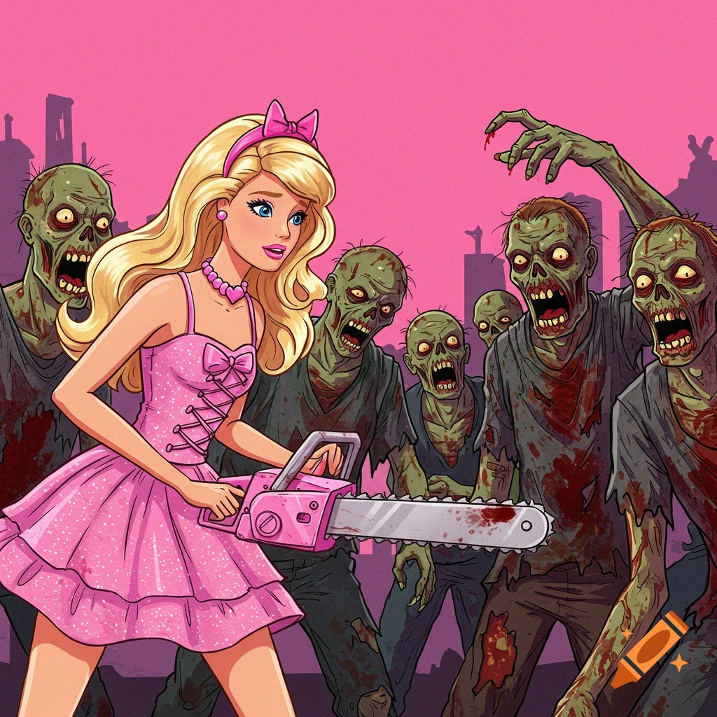 Cartoon illustration of Barbie in a pink dress holding a chainsaw, fighting a group of zombies.