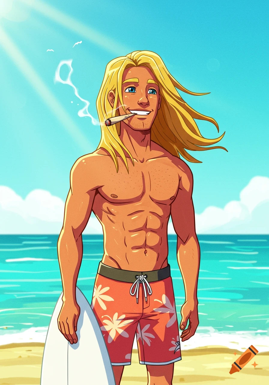 Animated illustration of a fit surfer dude with blond hair standing on a beach with a surfboard, smoking.
