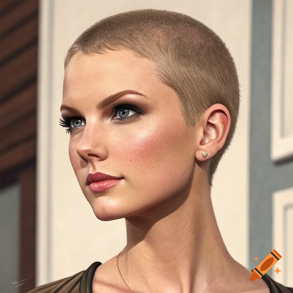 Close-up photorealistic portrait of a woman with a buzz cut and makeup, looking left.