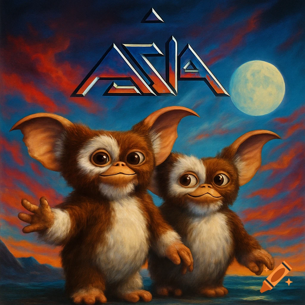 Two furry creatures like Mogwai on a beach at sunset with the band logo 'ASIA' above them, in a fantasy painting style.