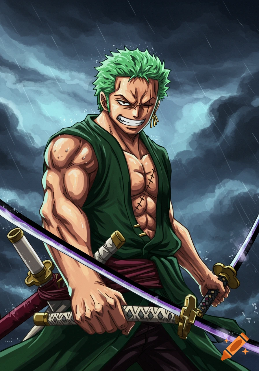 Anime illustration of Roronoa Zoro holding swords in a stormy background