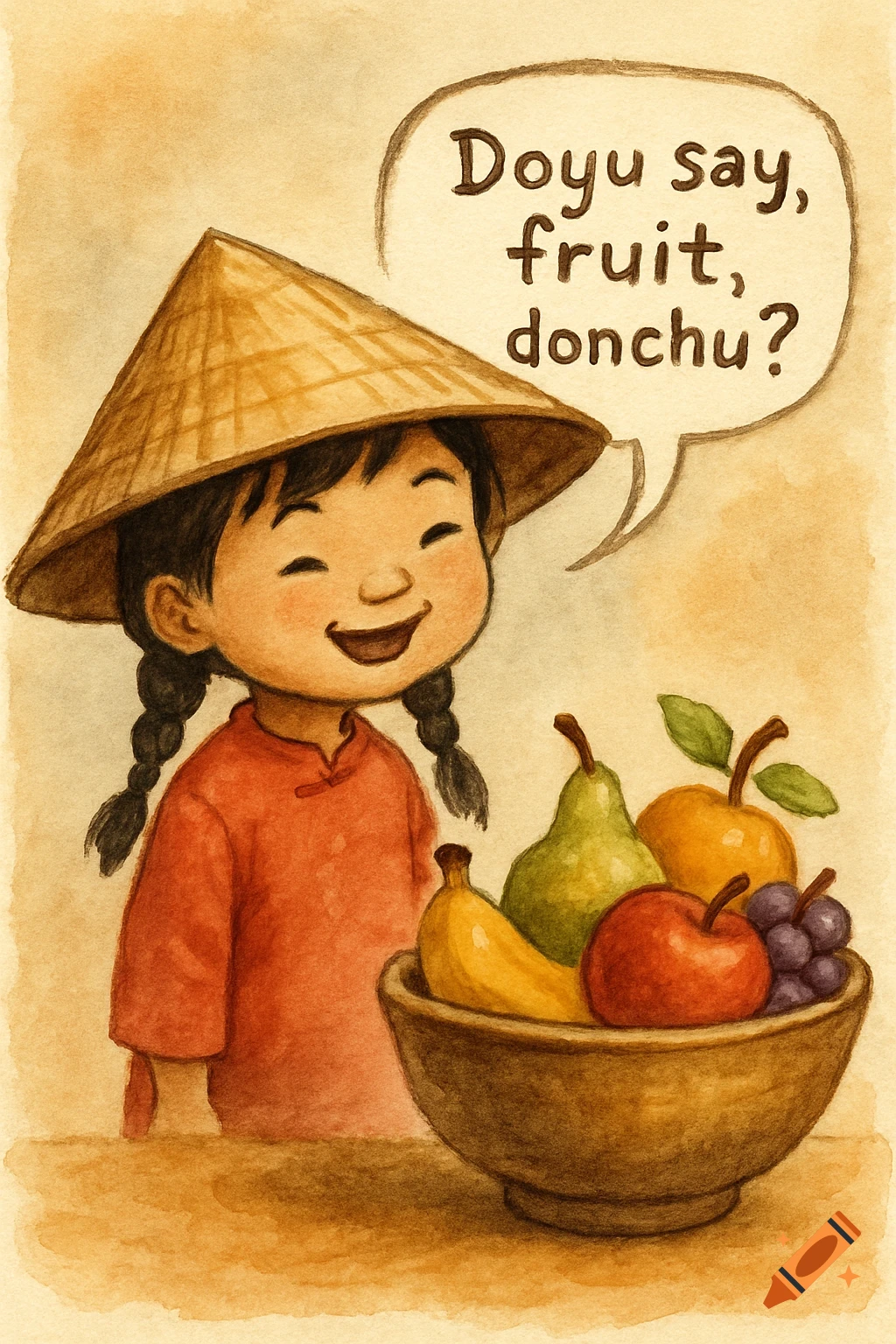 Watercolor illustration of a smiling child in a conical hat next to a bowl of fruit, with a speech bubble.