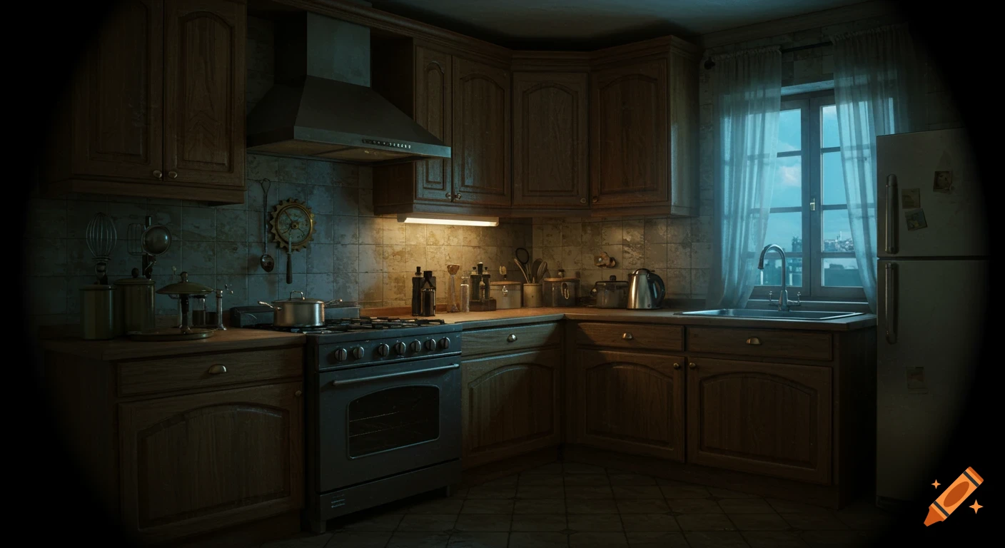 Steampunk kitchen interior at blue hour with mysterious mood.