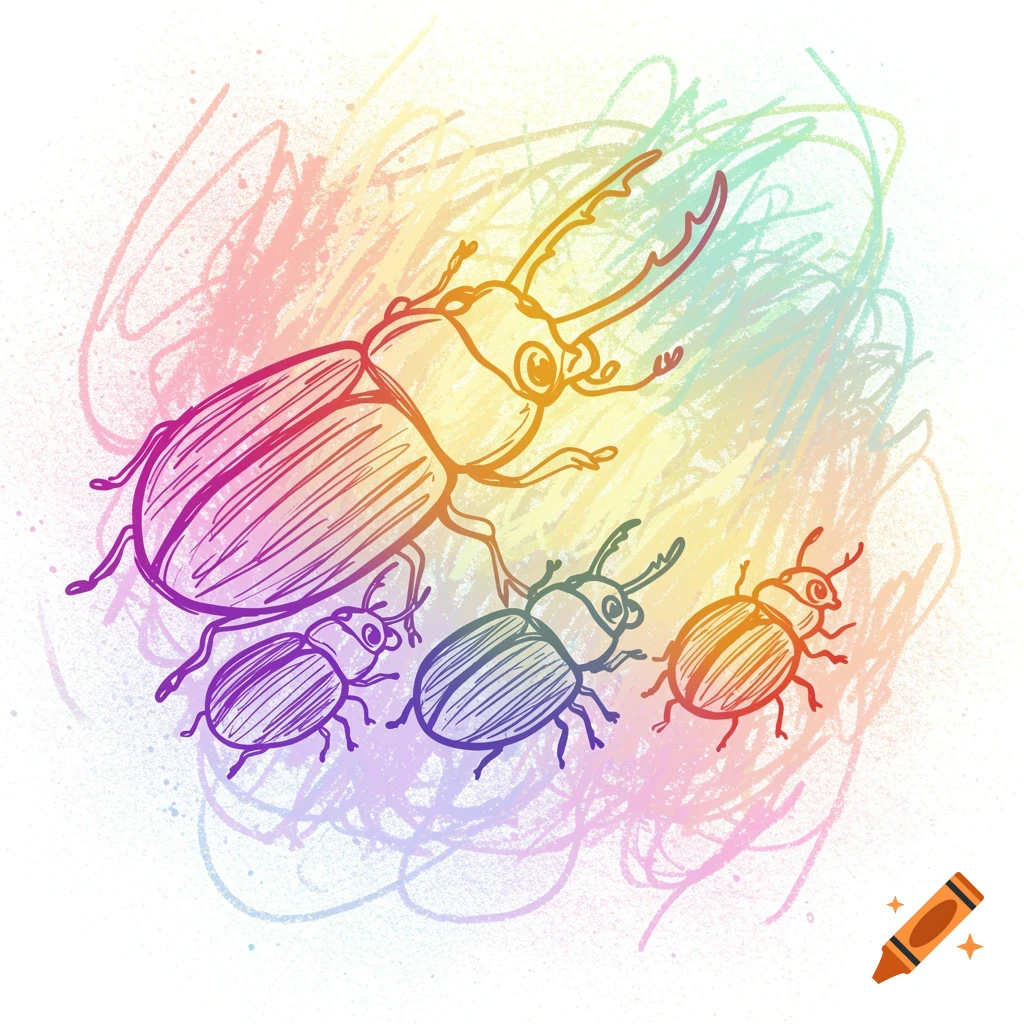 Outline drawing of a family of beetles over a colorful scribble background.