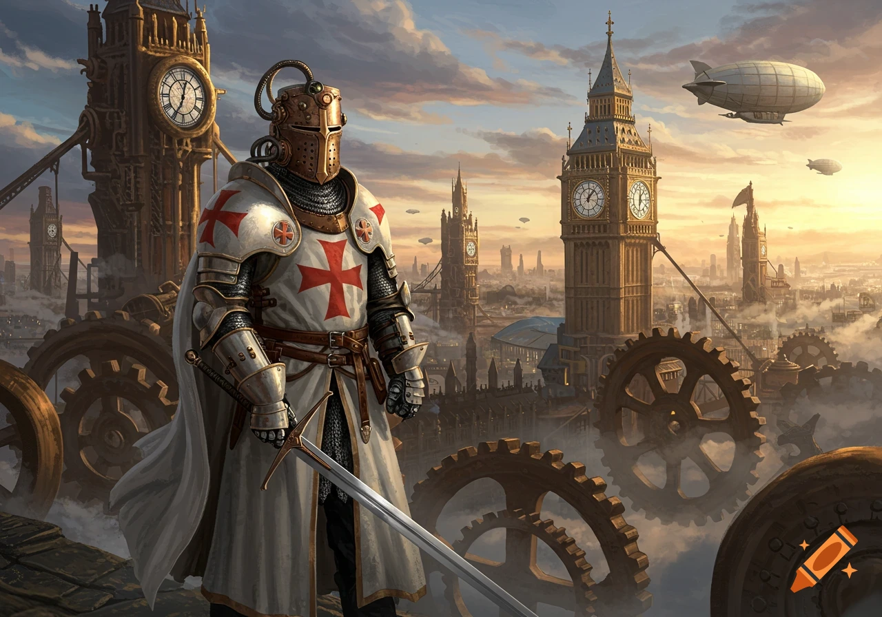 Steampunk knight stands before London cityscape with giant gears and airships.