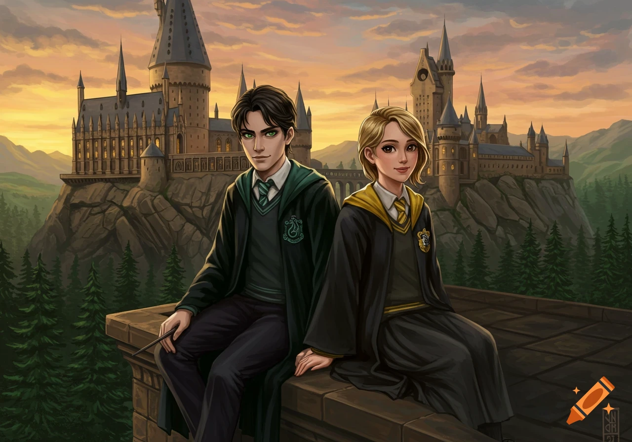 Illustration of a Slytherin boy and Hufflepuff girl sitting on a castle roof at sunset, overlooking the castle grounds.