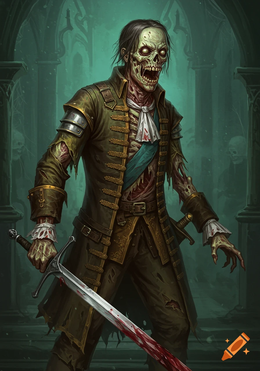 Illustration of a zombie nobleman in a military coat holding a bloody sword in a dark, gothic setting.
