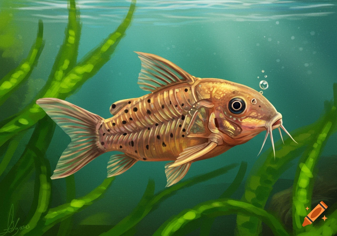 A digital illustration of a brown and black spotted corydora fish swimming in green water with algae.