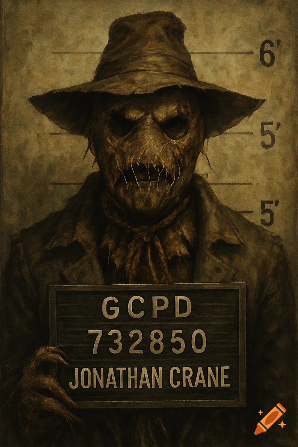 Gritty portrait of Scarecrow holding a GCPD mugshot board against a height chart.