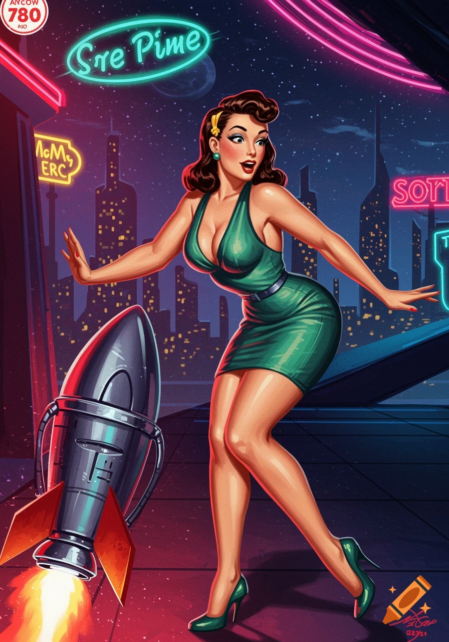 Retro sci-fi art of a pin-up woman in a green dress standing next to a rocket with a futuristic city skyline at night.