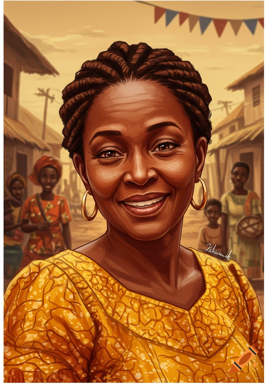 Illustration of a smiling Black woman in a yellow dress with braided hair standing in a market.