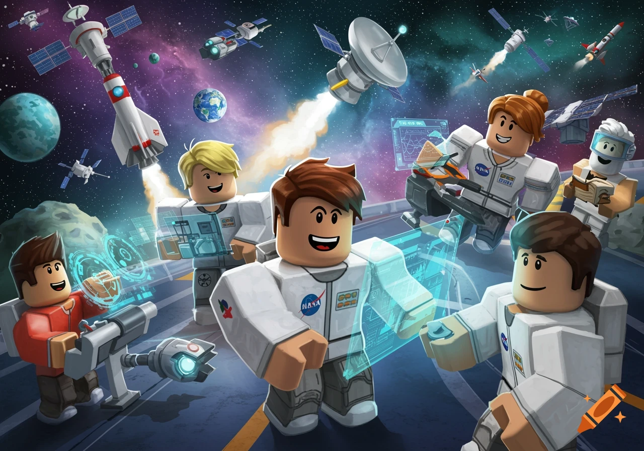 Roblox-style astronauts explore space with rockets and holographic displays in a digital illustration.