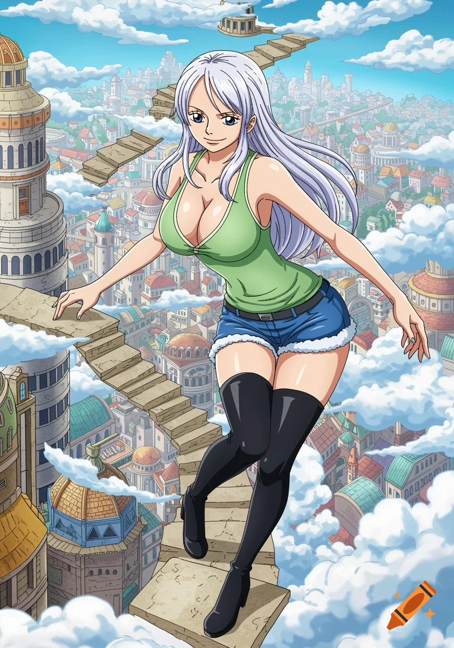 Anime female character walking up stone stairs in the sky above a large city.