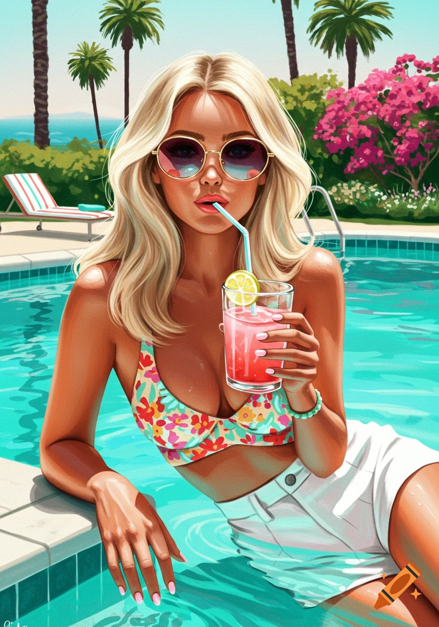 Illustrative portrait of a woman in a swimsuit relaxing by a pool with a drink.